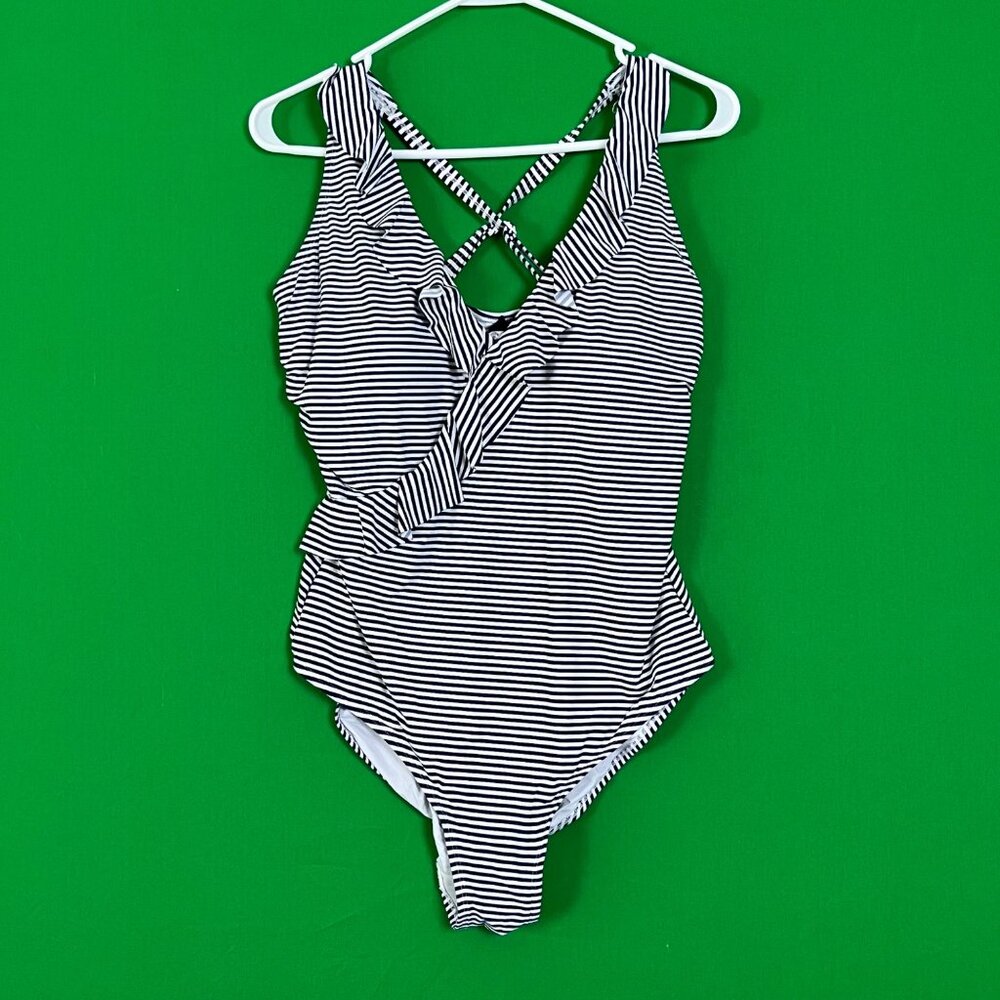Niptuck Womens Swimsuit‎ One Pieced Navy Blue White Stripe Ruffle Accent Size 10